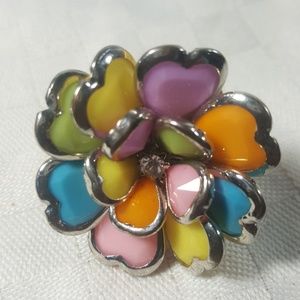 LUCITE RHINESTONE FLOWER RING SILVERPLATE